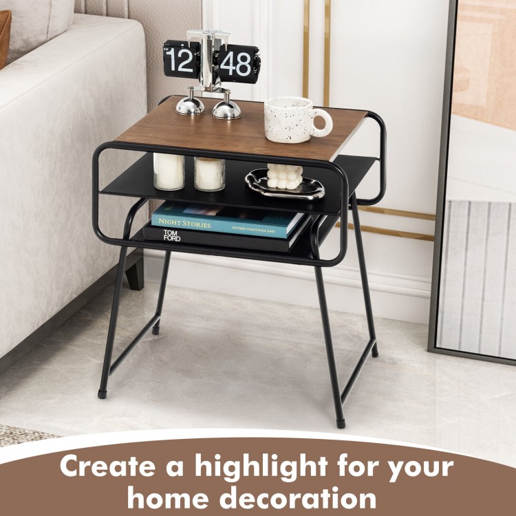 Compact side end table with wood grain top and double shelves, perfect for bedside or living room storage.